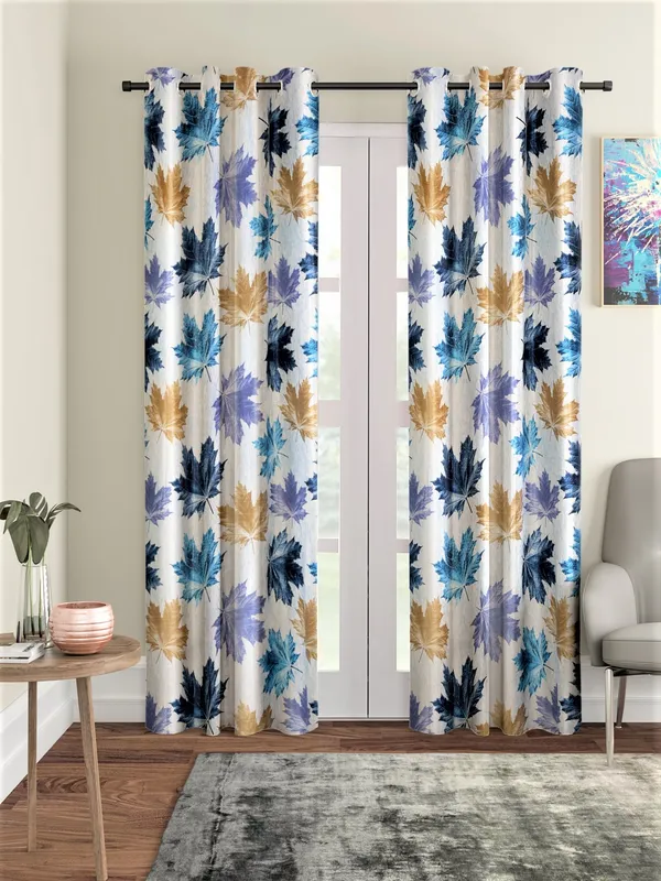 2_Pieces_3D_Maple_Eyelet_Polyester_Curtains_-_Blue