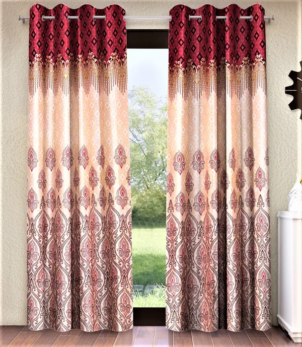 2_Piece_Ethnic_Motif_Border_Panel_Eyelet_Polyester_Curtain_-_Maroon