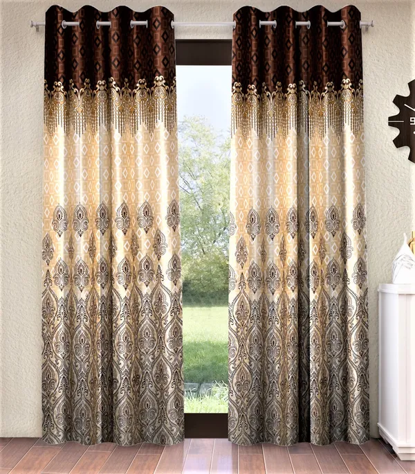 2_Piece_Ethnic_Motif_Border_Panel_Eyelet_Polyester_Curtain_-_Brown