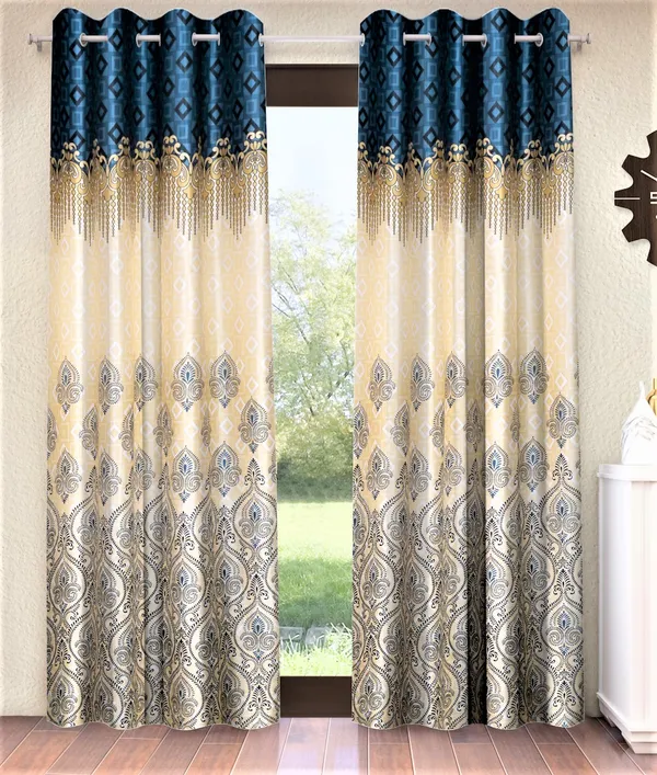 2_Piece_Ethnic_Motif_Border_Panel_Eyelet_Polyester_Curtain_-_Blue