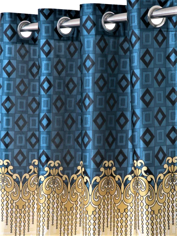 2_Piece_Ethnic_Motif_Border_Panel_Eyelet_Polyester_Curtain_-_Blue
