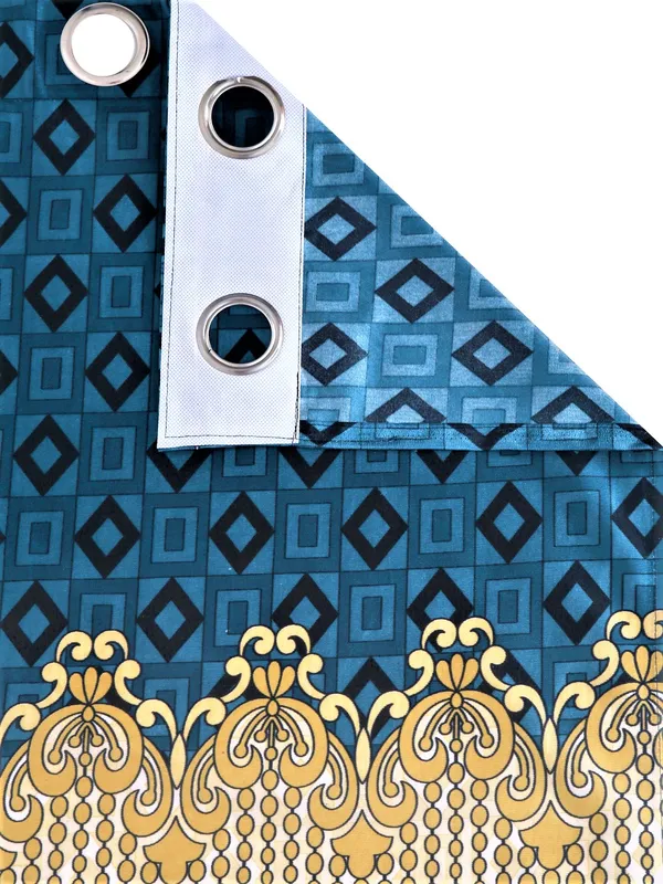 2_Piece_Ethnic_Motif_Border_Panel_Eyelet_Polyester_Curtain_-_Blue
