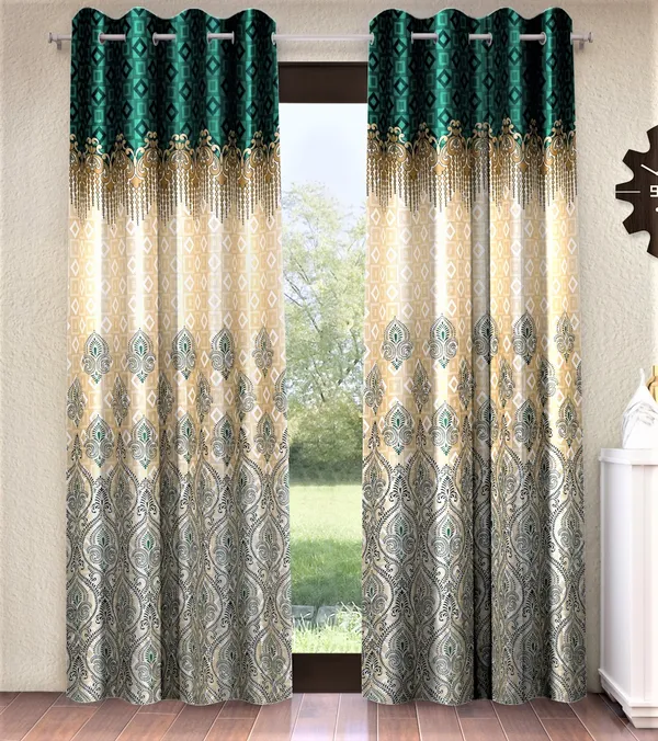 2_Piece_Ethnic_Motif_Border_Panel_Eyelet_Polyester_Curtain_-_Turquoise_Green