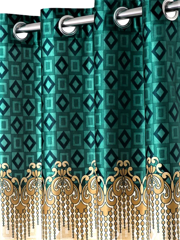 2_Piece_Ethnic_Motif_Border_Panel_Eyelet_Polyester_Curtain_-_Turquoise_Green