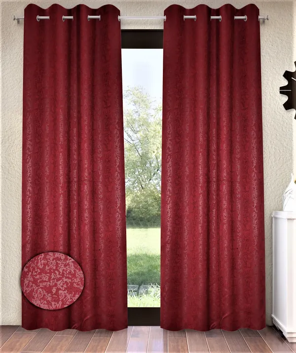 2_Pieces_100%_Blackout_Textured_Eyelet_Polyester_Curtains_-_Maroon