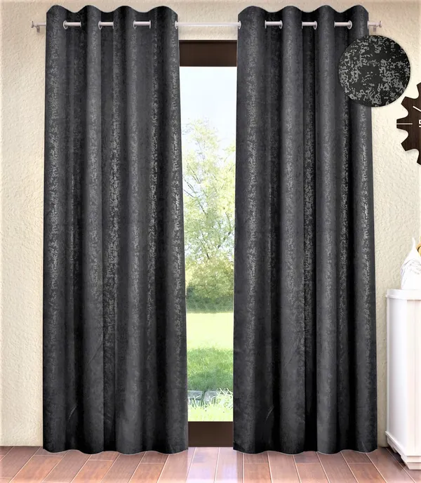 2_Pieces_100%_Blackout_Textured_Eyelet_Polyester_Curtains_-_Black