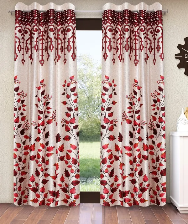 Home_Sizzler_2_Pieces_Leafy_Elegance_Panel_Eyelet_Polyester_Door_Curtains_-_7_Feet,_Maroon