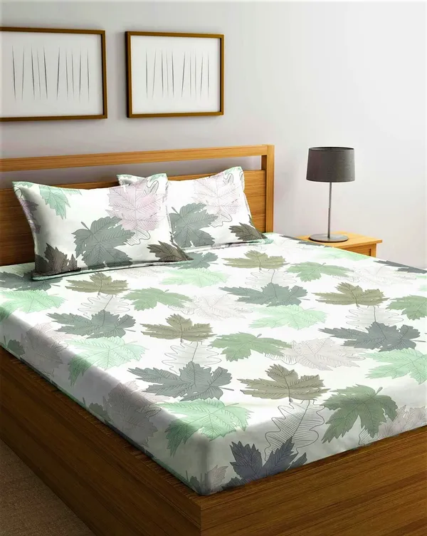 144_TC_Microfibre_Multicolor_Maple's_Leaf_Double_Bedsheet_with_2_King_Size_Pillow_Covers