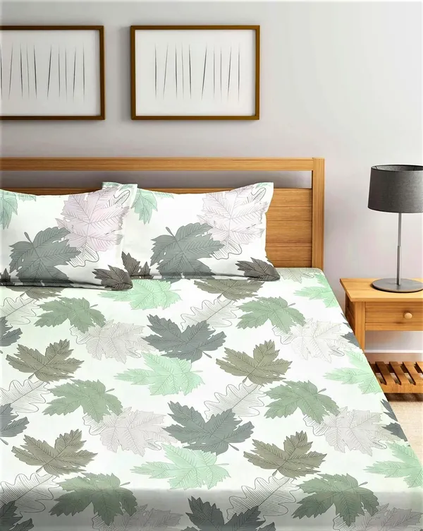 144_TC_Microfibre_Multicolor_Maple's_Leaf_Double_Bedsheet_with_2_King_Size_Pillow_Covers