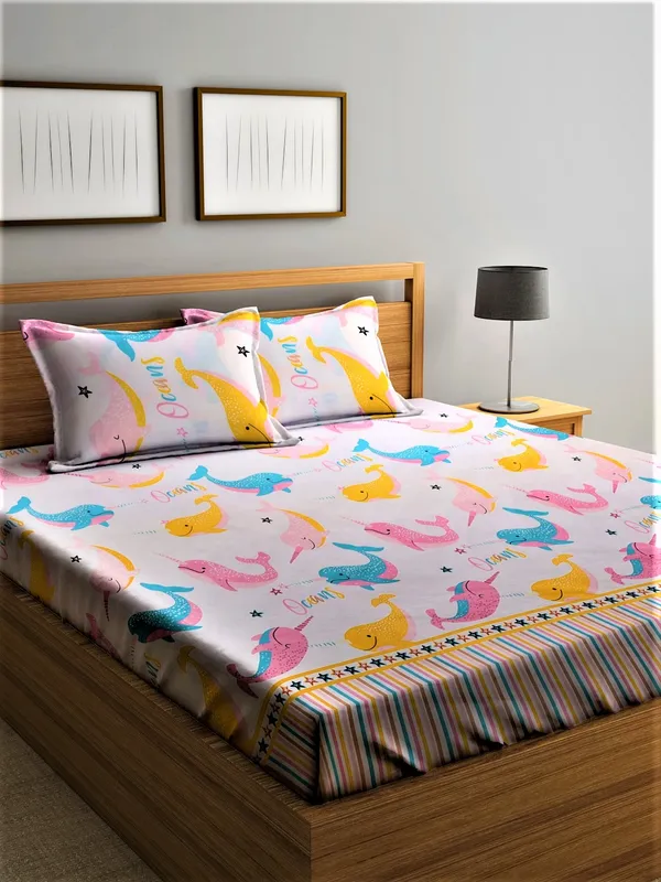 144_TC_Kid's_Microfibre_Kid's_Dolphin_Pink_Double_Bedsheet_with_2_King_Size_Pillow_Covers