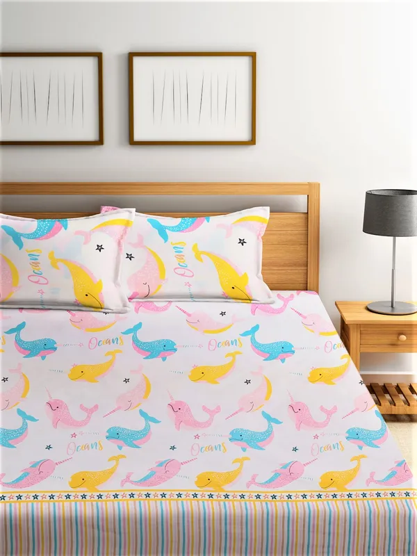 144_TC_Kid's_Microfibre_Kid's_Dolphin_Pink_Double_Bedsheet_with_2_King_Size_Pillow_Covers