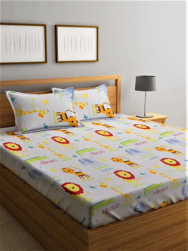 144_TC_Microfibre_Kid's_Animal_Characters_Double_Bedsheet_with_2_King_Size_Pillow_Covers