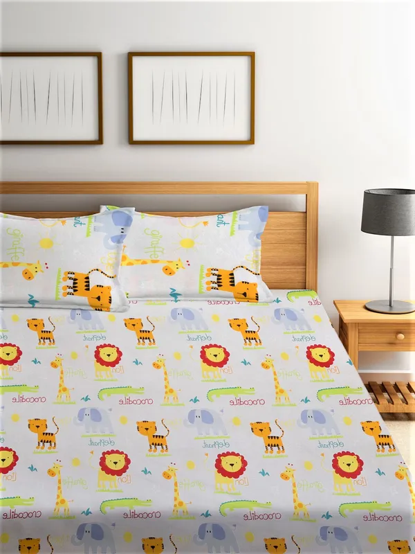 144_TC_Microfibre_Kid's_Animal_Characters_Double_Bedsheet_with_2_King_Size_Pillow_Covers