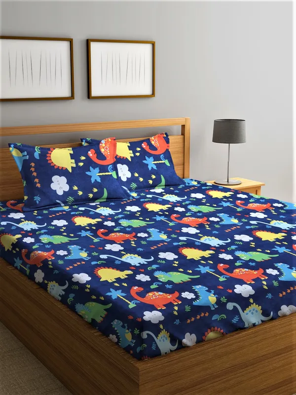 144_TC_Microfibre_Kid's_Jungle_Blue_Double_Bedsheet_with_2_King_Size_Pillow_Covers