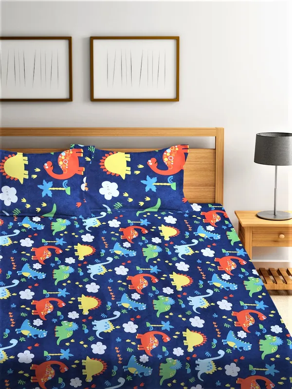 144_TC_Microfibre_Kid's_Jungle_Blue_Double_Bedsheet_with_2_King_Size_Pillow_Covers