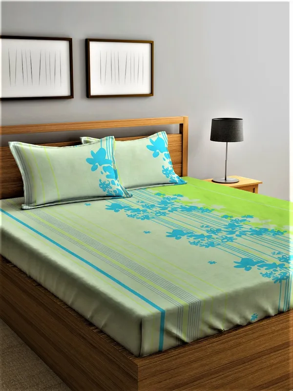 210_TC_Microfibre_Floral_Green_Double_Bedsheet_with_2_King_Size_Pillow_Covers