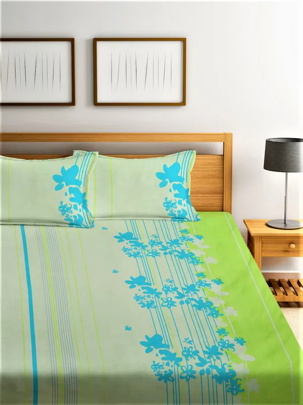 210_TC_Microfibre_Floral_Green_Double_Bedsheet_with_2_King_Size_Pillow_Covers
