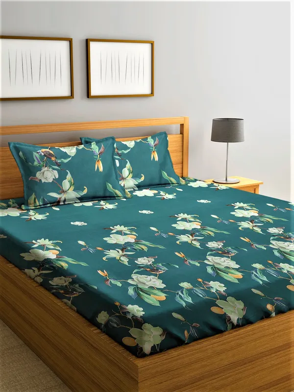 144_TC_Microfibre_Floral_Green_Double_Bedsheet_with_2_King_Size_Pillow_Covers