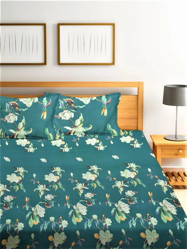 144_TC_Microfibre_Floral_Green_Double_Bedsheet_with_2_King_Size_Pillow_Covers