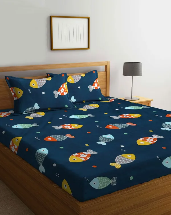 _144_TC_Microfibre_Kid's_Fishes_Double_Bedsheet_With_2_King_Size_Pillow_Covers,_Navy_Blue