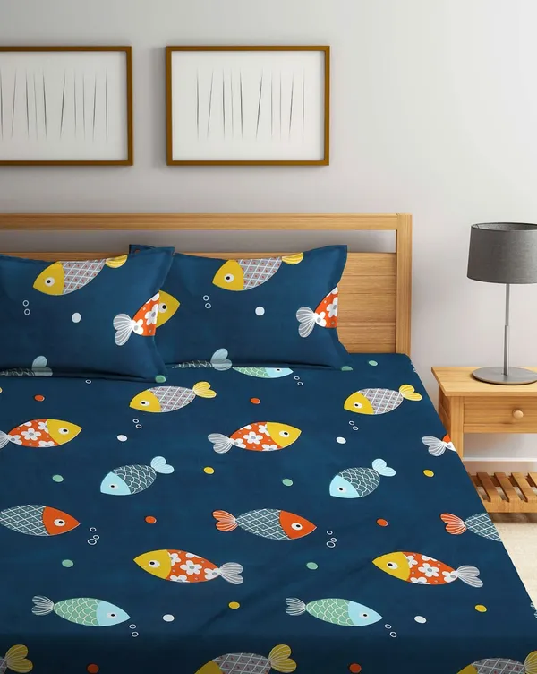 _144_TC_Microfibre_Kid's_Fishes_Double_Bedsheet_With_2_King_Size_Pillow_Covers,_Navy_Blue