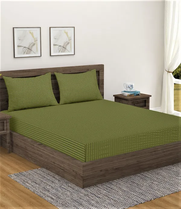 _300TC_Microfibre_Green_Satin_Striped_Single_Bedsheet_with_1_Pillow_Cover,_90"X55"