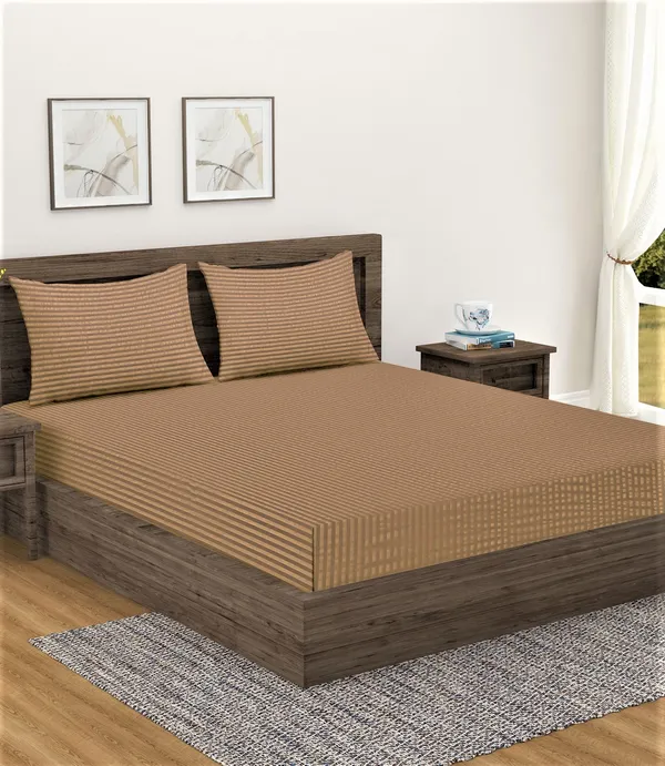 _300TC_Microfibre_Beige_Satin_Striped_Single_Bedsheet_with_1_Pillow_Cover,_90"X55"