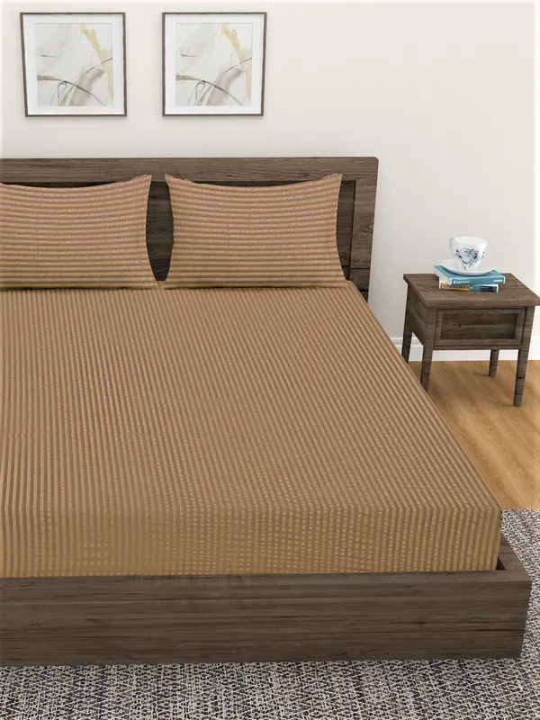 _300TC_Microfibre_Beige_Satin_Striped_Single_Bedsheet_with_1_Pillow_Cover,_90"X55"