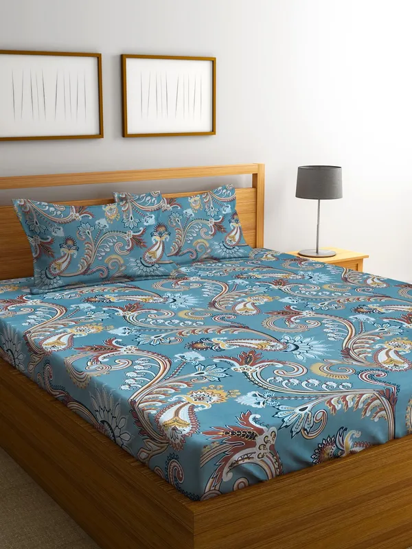 144TC_Artistic_Dreams_Teal_Blue_Double_Bedsheet_with_2_King_Size_Pillow_Covers