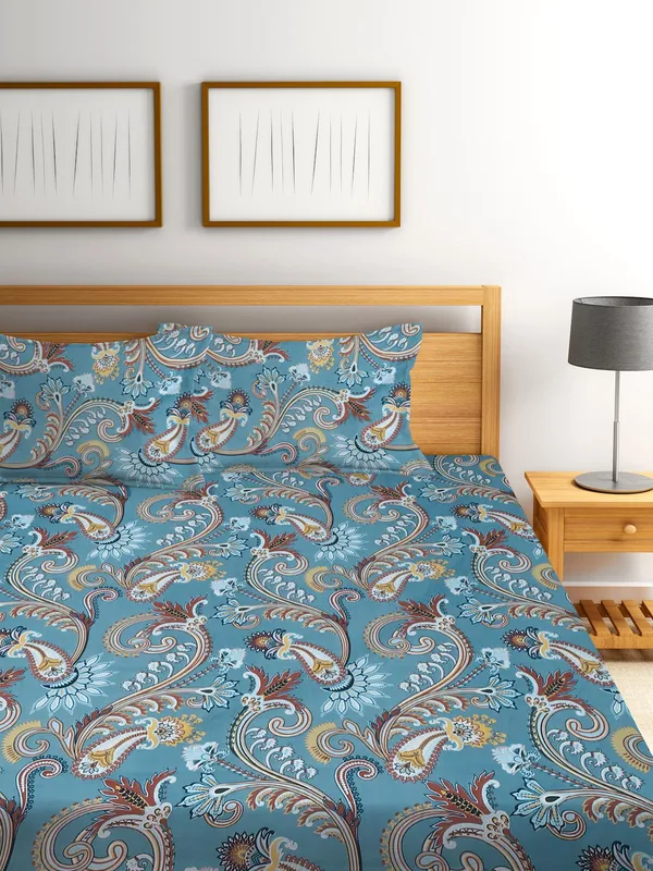 144TC_Artistic_Dreams_Teal_Blue_Double_Bedsheet_with_2_King_Size_Pillow_Covers