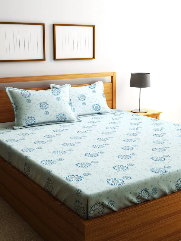 144TC_Daisy_Dreams_Light_Blue_Floral_Double_Bedsheet_with_2_King_Size_Pillow_Covers