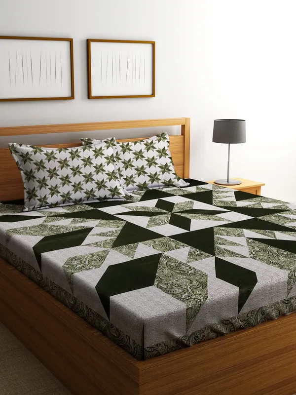 210TC_Microfibre_Ethnic_Floral_Pine_Green_Double_Bedsheet_with_2_King_Size_Pillow_Cover