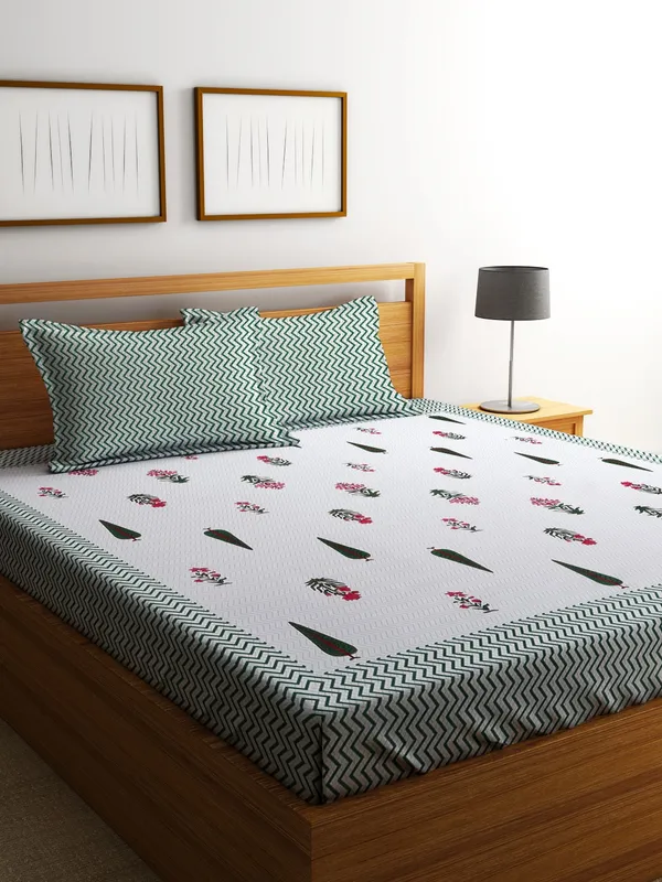 210TC_Microfibre_Handblock_Print_Green_Floral_Double_Bedsheet_with_2_King_Size_Pillow_Cover