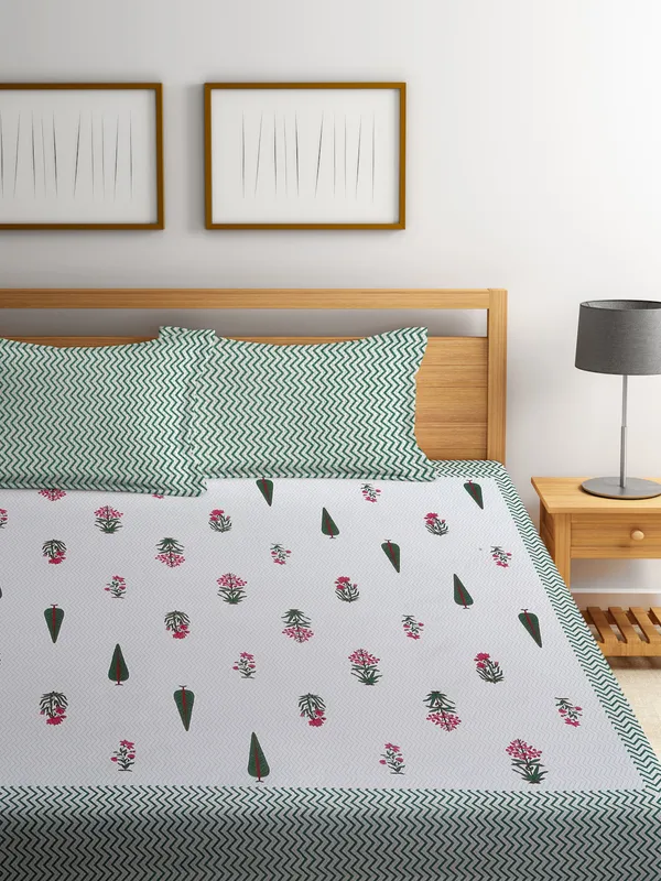 210TC_Microfibre_Handblock_Print_Green_Floral_Double_Bedsheet_with_2_King_Size_Pillow_Cover