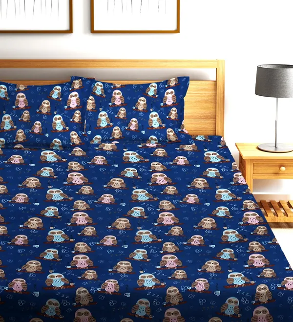 Home_Sizzler_144TC_Microfibre_Kid's_Owl_Double_Bedsheet_with_2_King_Size_Pillow_Covers