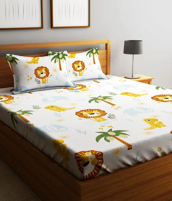 Home_Sizzler_144TC_Kid's_Lion's_Haven_Double_Bedsheet_With_2_King_Size_Pillow_Covers