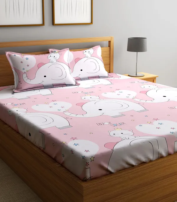 Home_Sizzler_144TC_Kid's_Elephant_&_Kitty_Double_Bedsheet_With_2_King_Size_Pillow_Covers