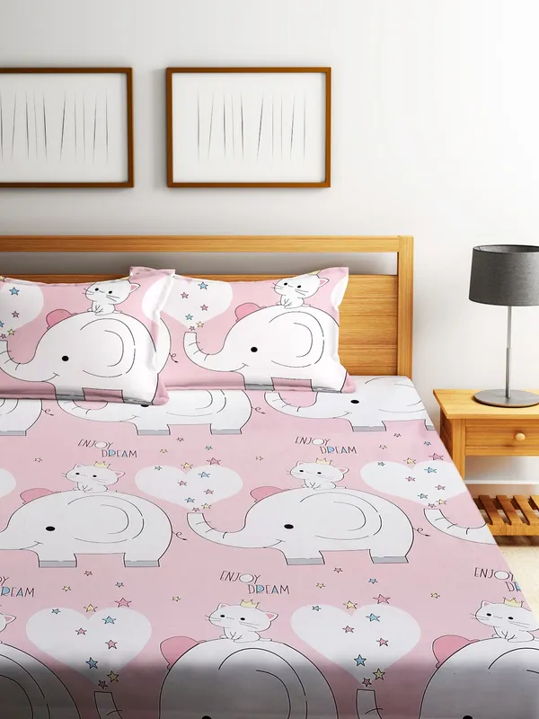 Home_Sizzler_144TC_Kid's_Elephant_&_Kitty_Double_Bedsheet_With_2_King_Size_Pillow_Covers