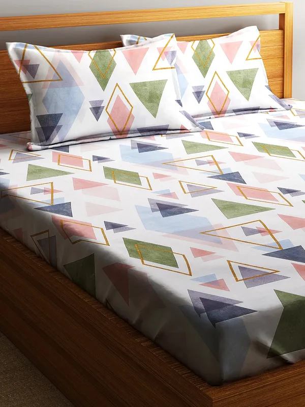 Home_Sizzler_144TC_Triangle_Mosaic's_Double_Bedsheet__With_2_King_Size_Pillow_Covers