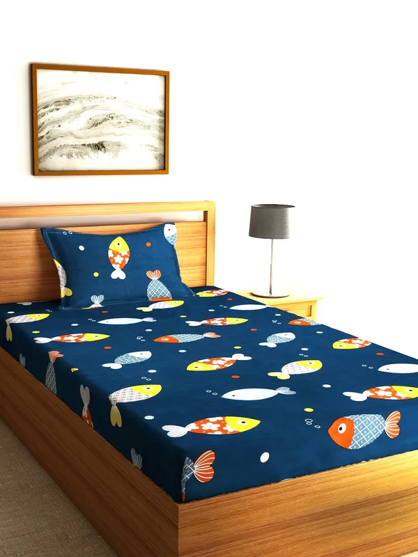 144_TC_Microfibre_Kid's_Fishes_Single_Bedsheet_With_1_Pillow_Cover