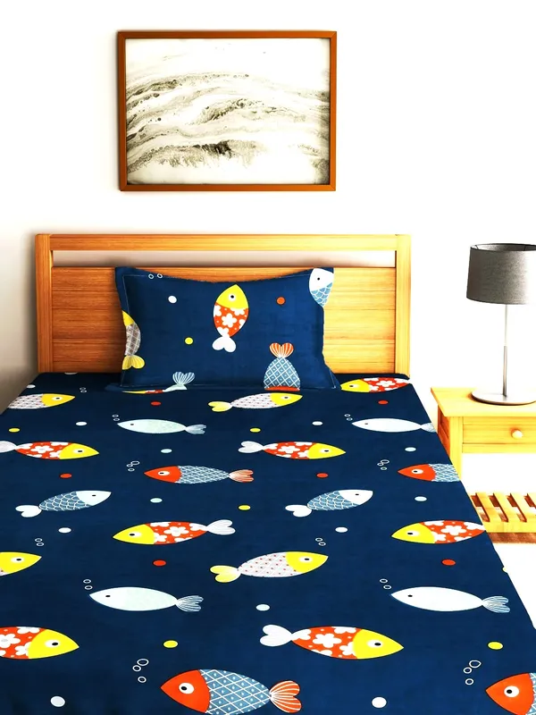 144_TC_Microfibre_Kid's_Fishes_Single_Bedsheet_With_1_Pillow_Cover