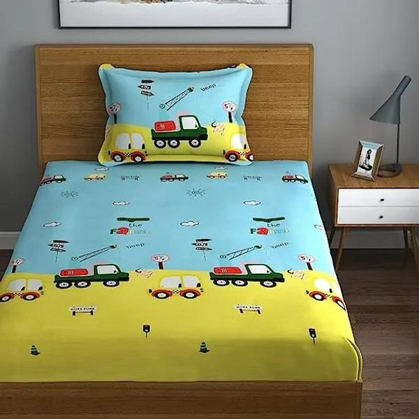144TC_Kid's_Truck_Light_Green_Single_Bedsheet_with_1_Pillow_Cover