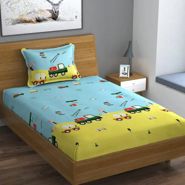 144TC_Kid's_Truck_Light_Green_Single_Bedsheet_with_1_Pillow_Cover