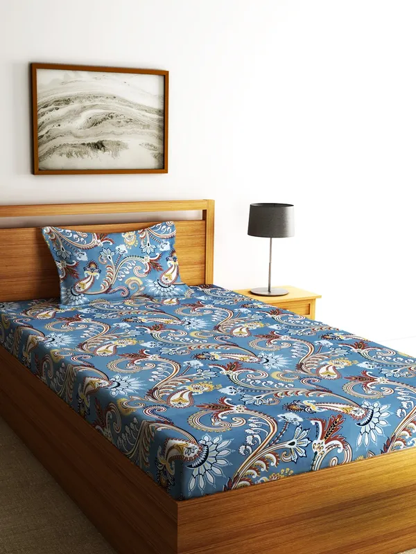 144TC_Artistic_Dreams_Teal_Blue_Double_Bedsheet_with_1_Pillow_Cover