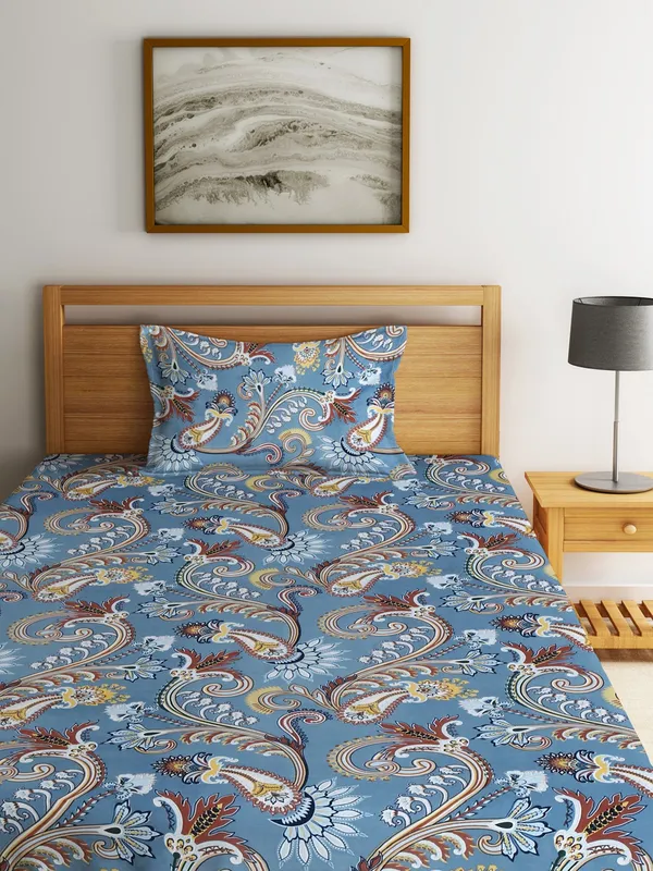 144TC_Artistic_Dreams_Teal_Blue_Double_Bedsheet_with_1_Pillow_Cover