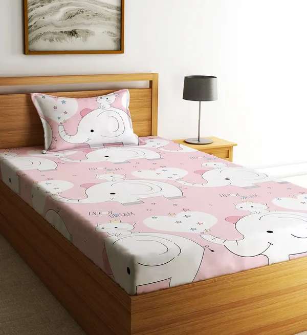 Home_Sizzler_144TC_Kid's_Elephant_&_Kitty_Single_Bedsheet_With_1_Pillow_Cover
