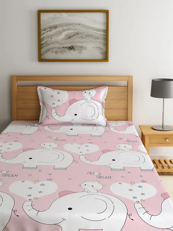 Home_Sizzler_144TC_Kid's_Elephant_&_Kitty_Single_Bedsheet_With_1_Pillow_Cover