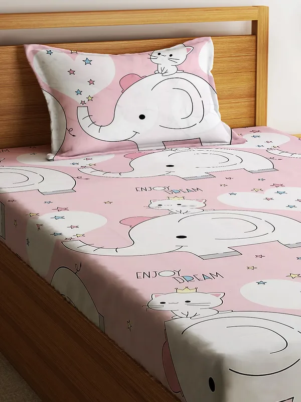 Home_Sizzler_144TC_Kid's_Elephant_&_Kitty_Single_Bedsheet_With_1_Pillow_Cover