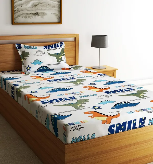 Home_Sizzler_144TC_Kid's_Dinosours_Single_Bedsheet_With_1_Pillow_Cover