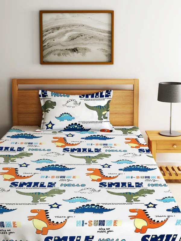 Home_Sizzler_144TC_Kid's_Dinosours_Single_Bedsheet_With_1_Pillow_Cover
